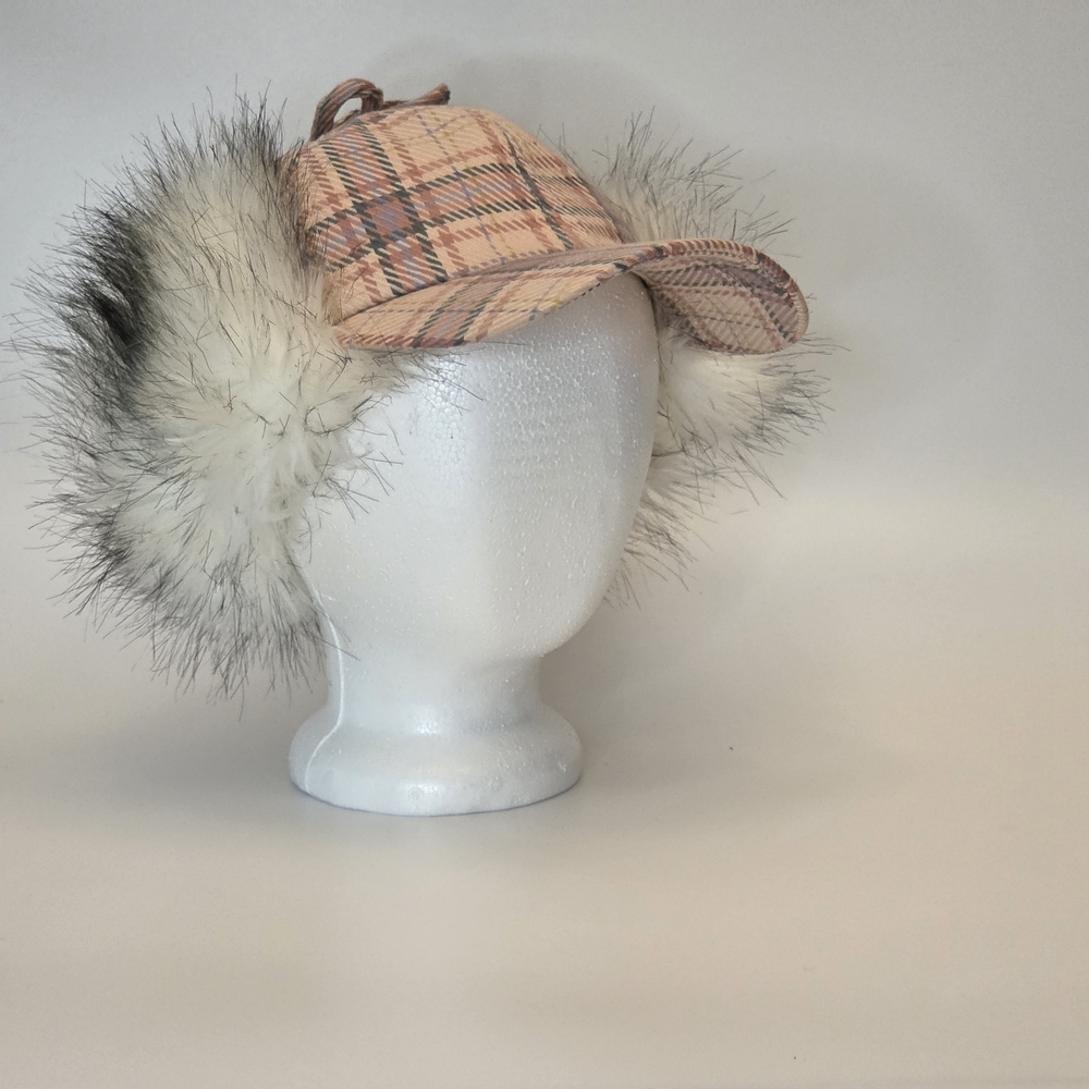 Plaid Pink and White Fur Women's Winter Hat